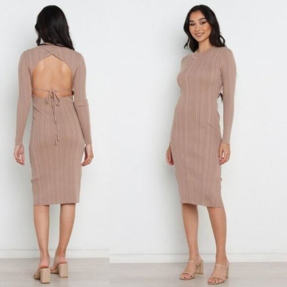 Petal & Pup NEW Milleri Long Sleeve Open Back Ribbed Dress in Camel Tan Size 10 - Picture 2 of 12